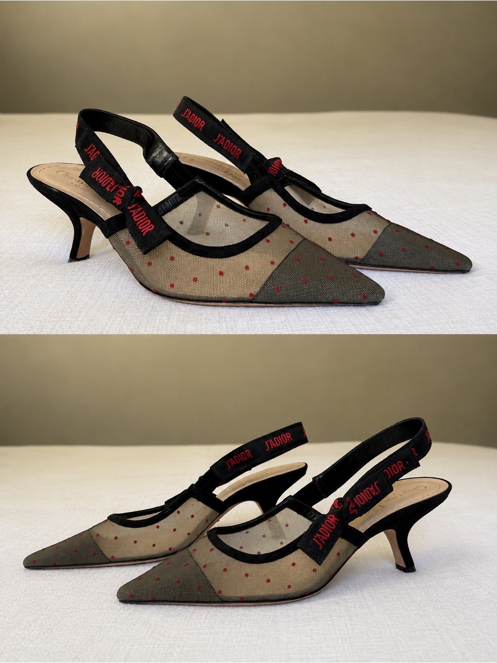 Dior Black Mesh Pointed Toe Slingback Heels with Red Dot Accents - Picture 2 of 3